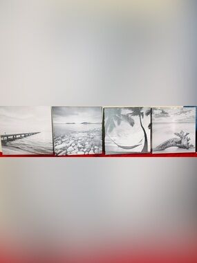 Black & White Coastal Canvas Wall Art Set of 4 | Beach Ocean Minimalist Decor
